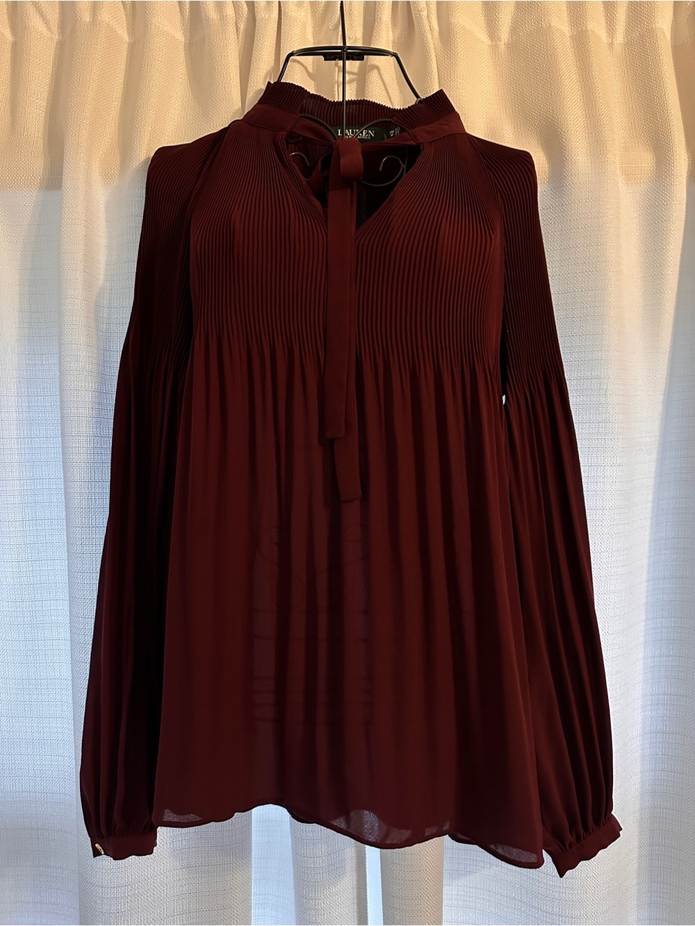 LAUREN Ralph Lauren Burgundy Bow-Tie Pintuck Blouse - Picture 3 of 9